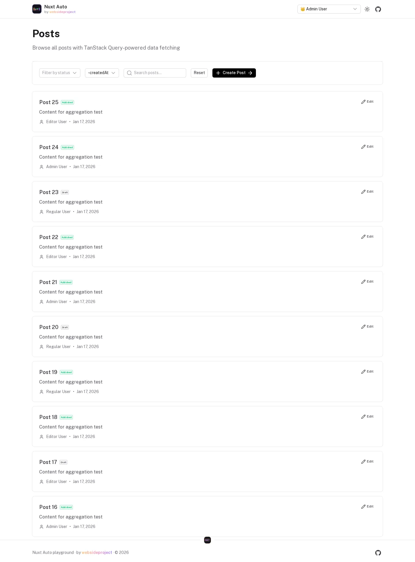 The playground's posts page built on useAutoApiList: filter, sort and search controls above a list of posts
