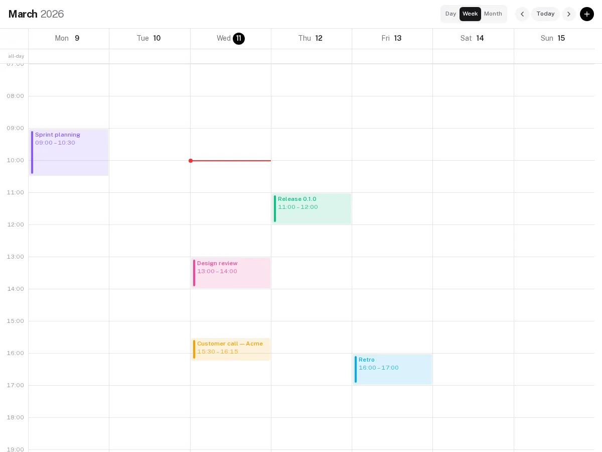 The ProtoCalendar week view: timed events laid out by the hour