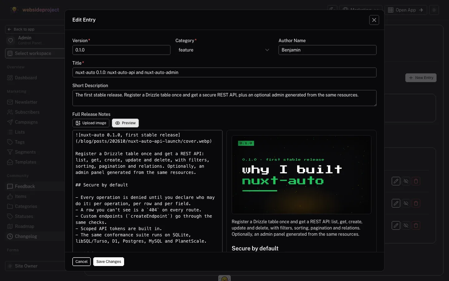Editing a changelog entry: markdown release notes with an image upload button and a live preview next to it