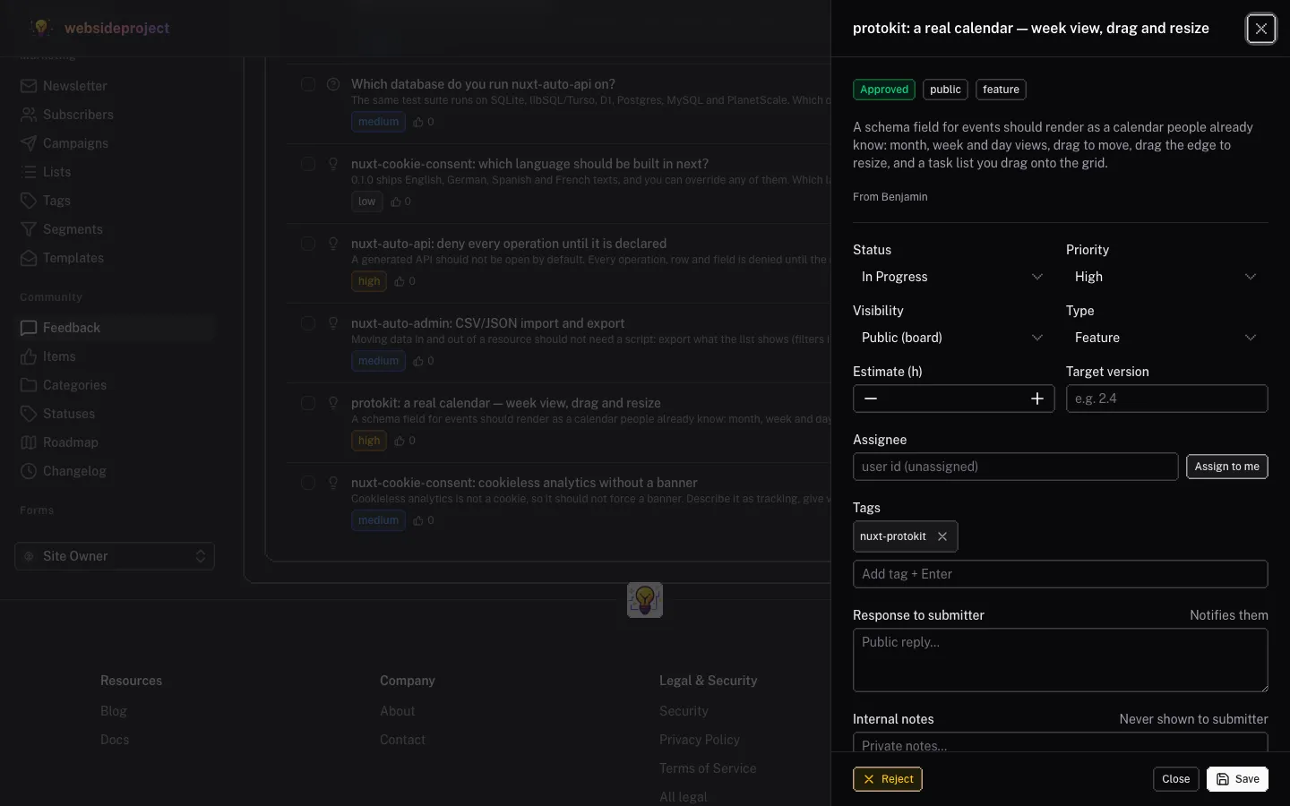 The admin inbox with a post open in the triage panel: status, priority, visibility, tags, a reply to the submitter, internal notes and the roadmap link