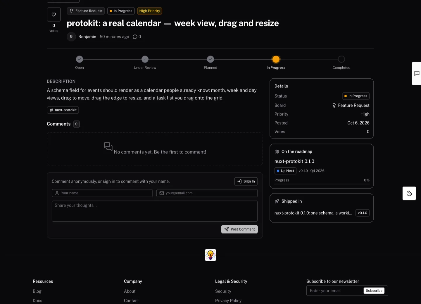 A feedback post: its status on the way to done, the conversation, the roadmap item that will deliver it and the release that shipped it