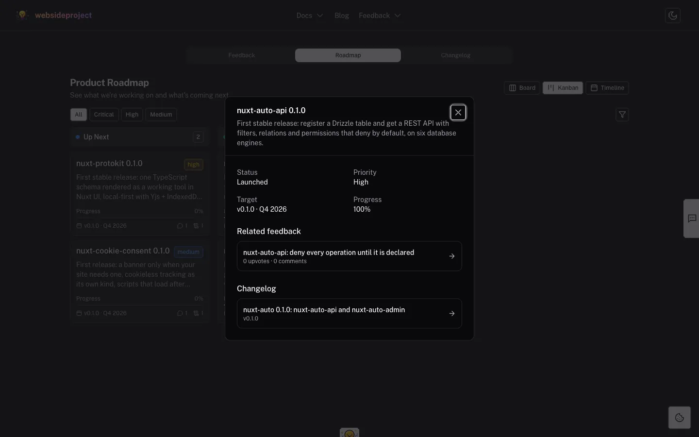 A roadmap item opened from the public roadmap, with its progress, milestones, linked feedback and the changelog entry that delivered it