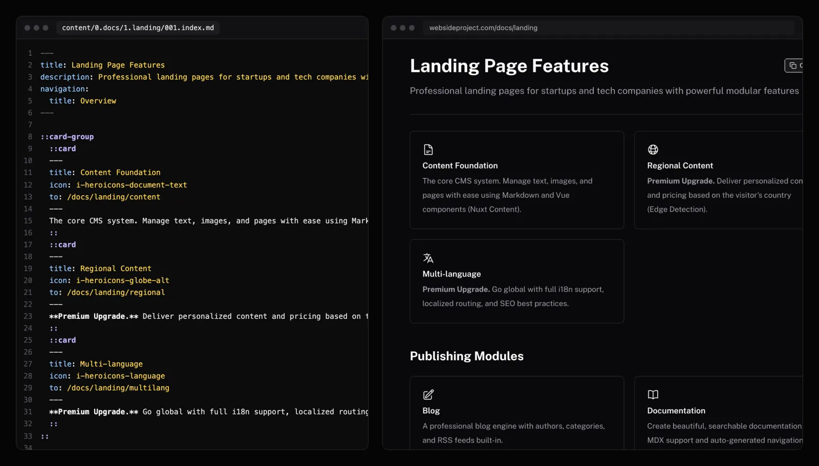 A page's Markdown source, card components included, next to the page it renders