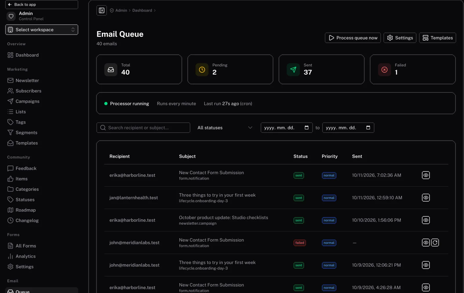 The email queue in the admin panel