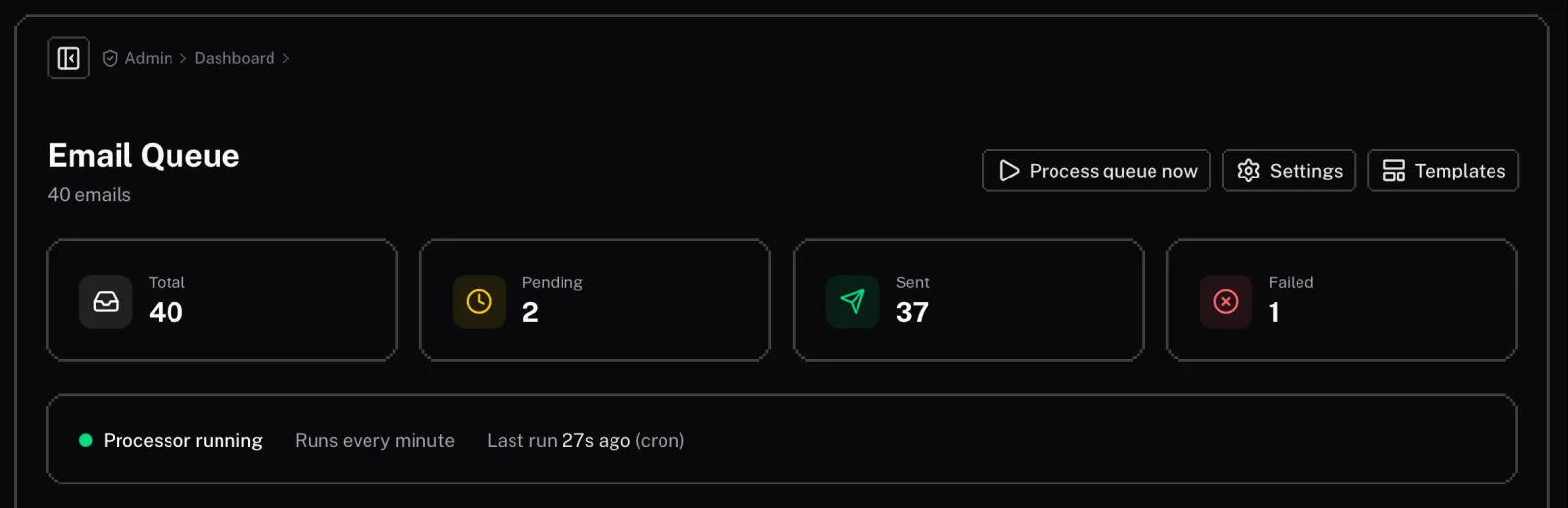Queue totals by status and the Process queue now button