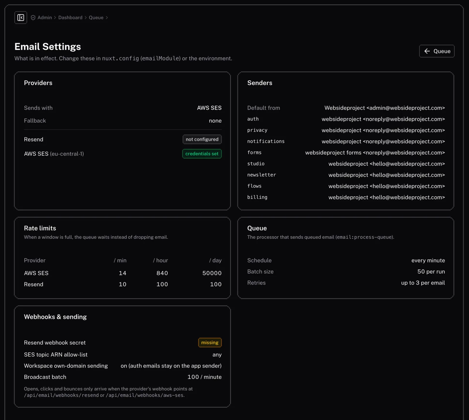Email settings: the sending provider, a sender per category, provider rate limits and webhooks