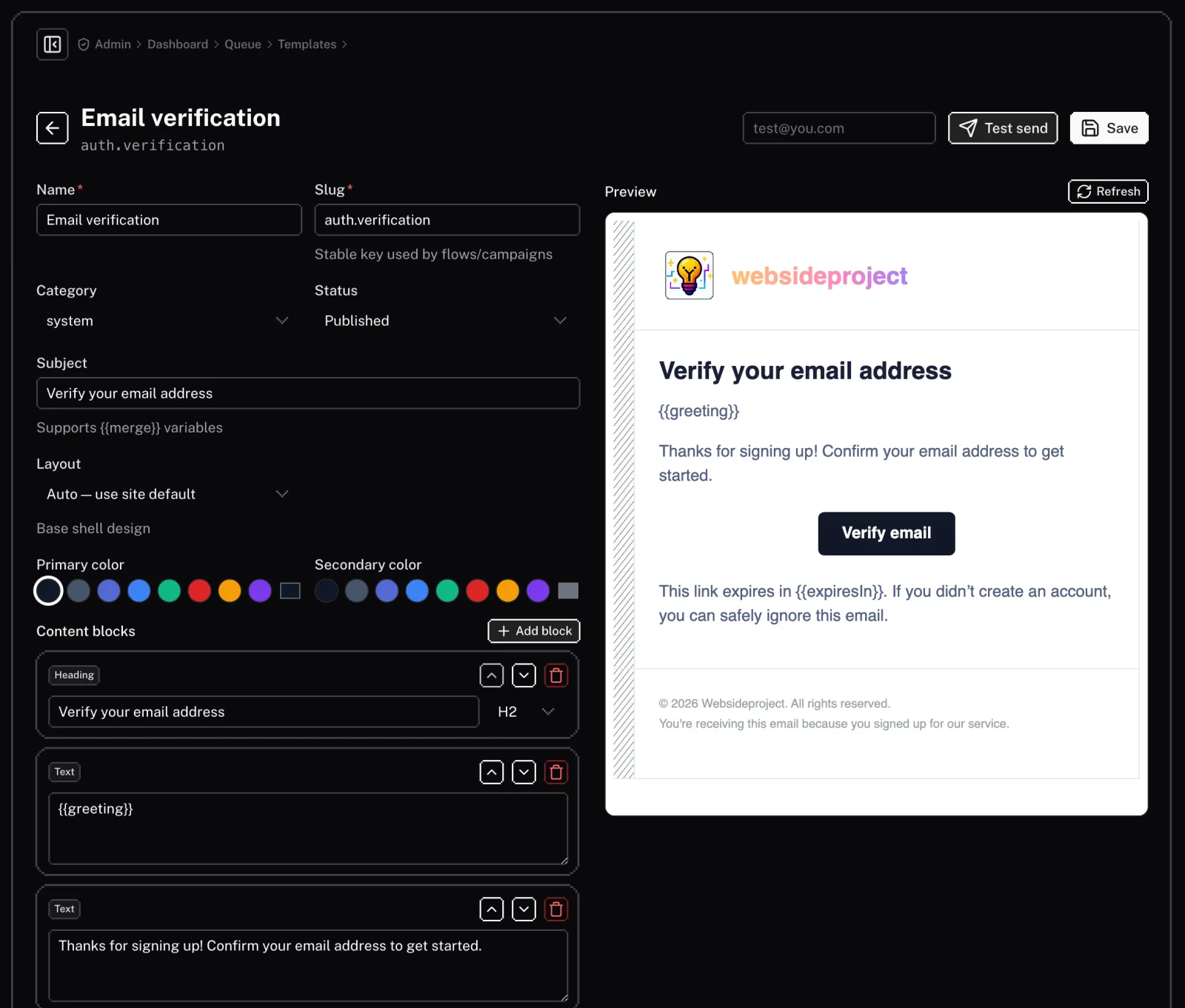 The template editor: content blocks and colours on the left, a live preview of the branded email on the right