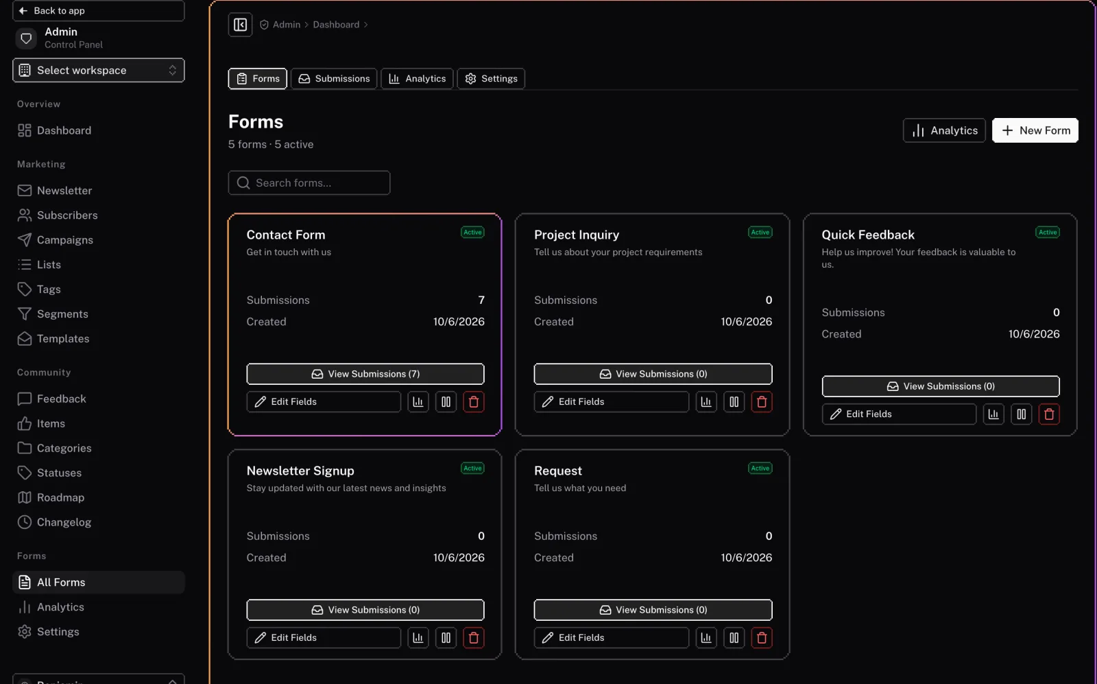 The forms admin: every form with its submission count, next to the admin sidebar