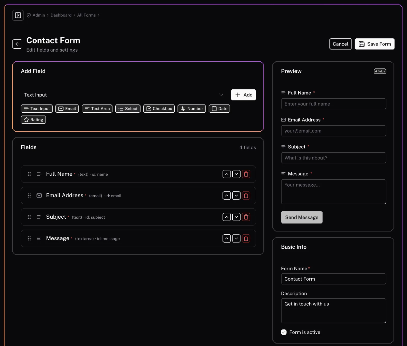 The form builder: field types to add, the field list with reorder controls, and a live preview