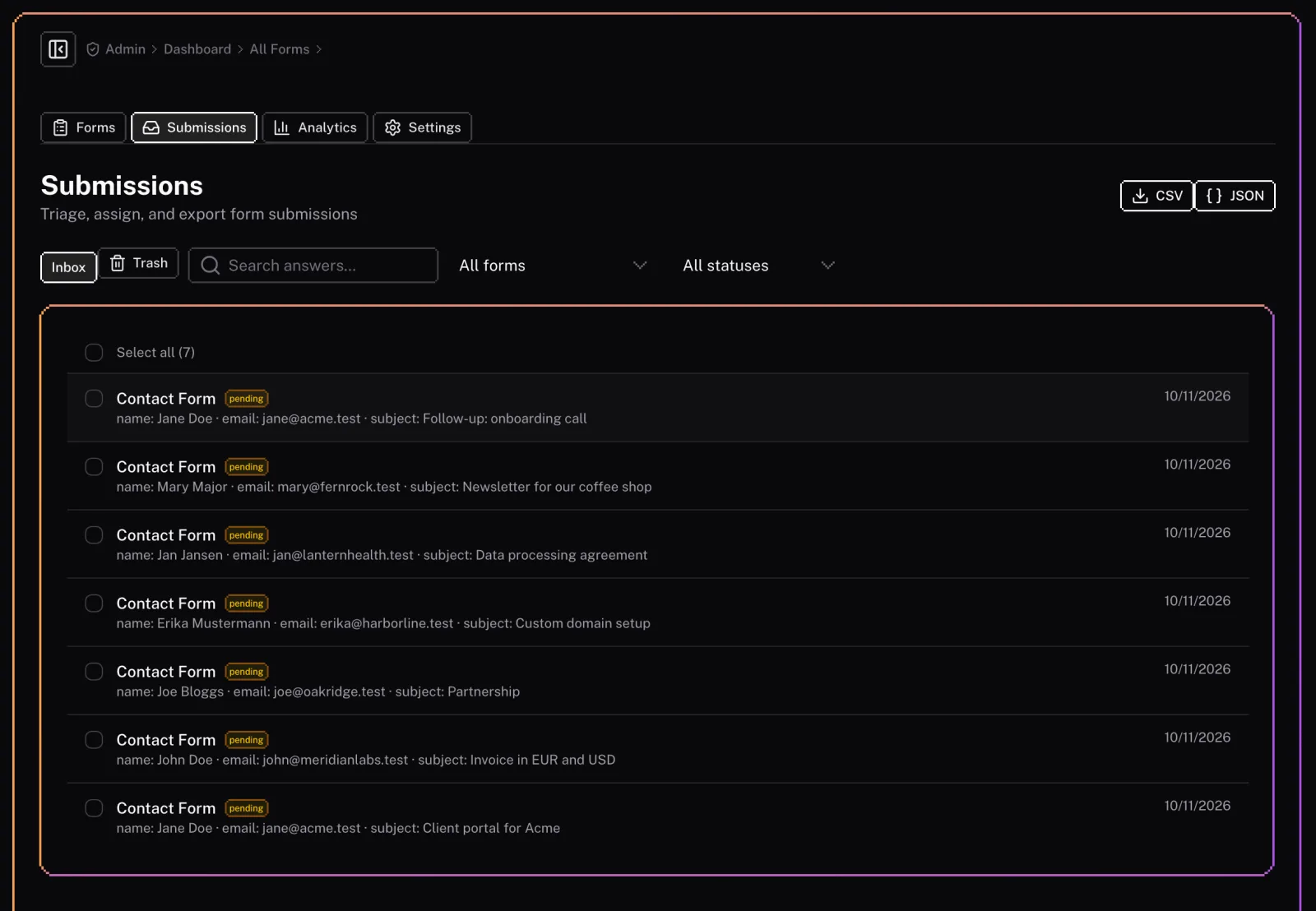 The submissions inbox with form and status filters and CSV or JSON export