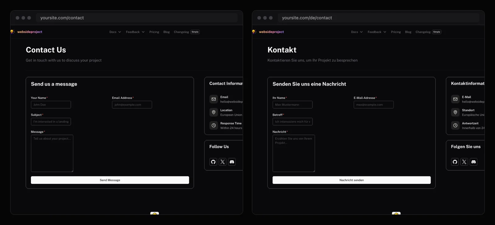 The contact page in English at /contact and in German at /de/contact