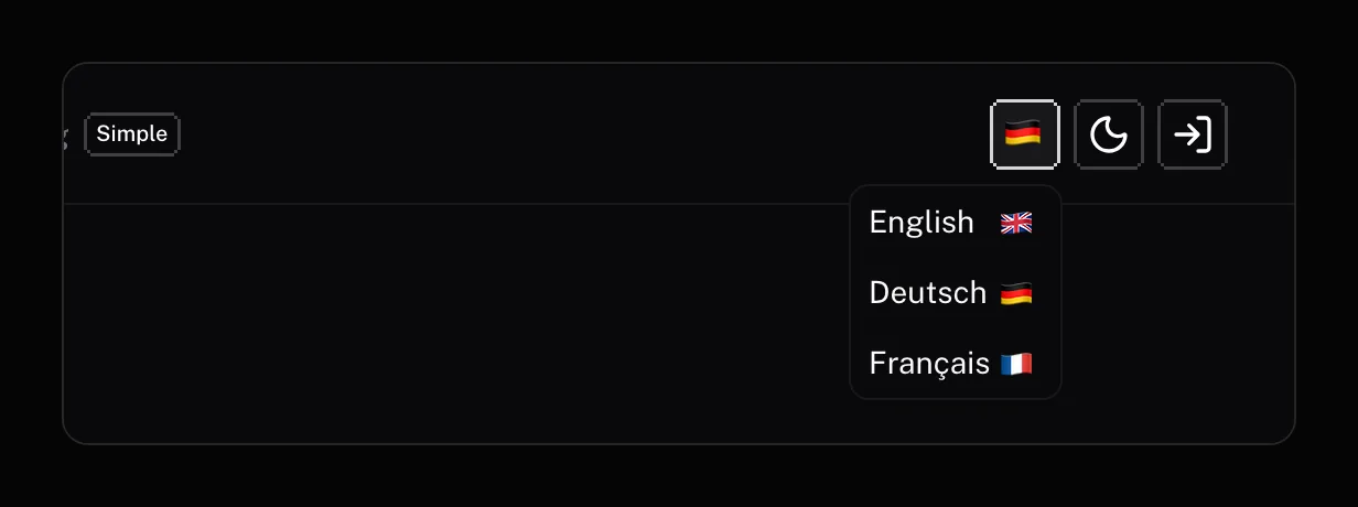 The language switcher in the header, open: English, Deutsch, Français