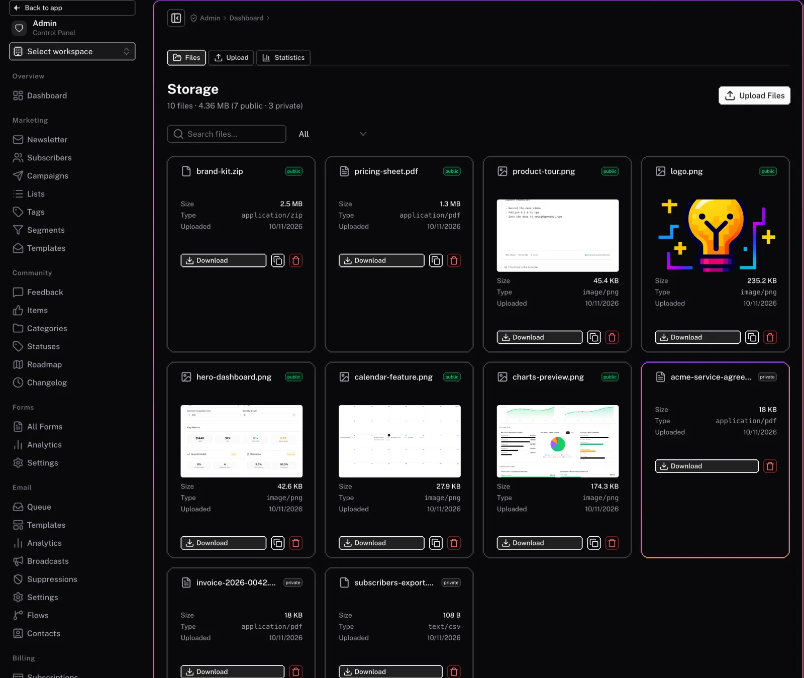 Storage in the admin panel