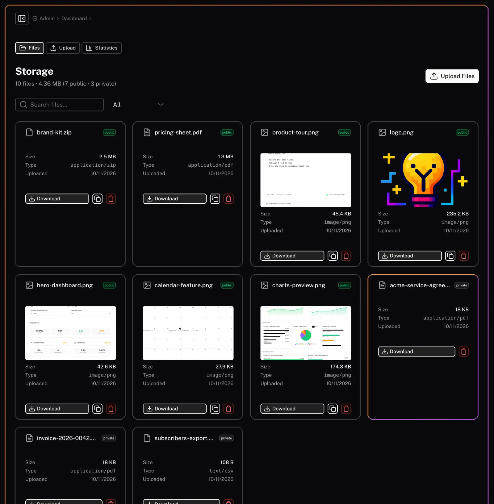 The storage file manager: public and private files with size, type and upload date