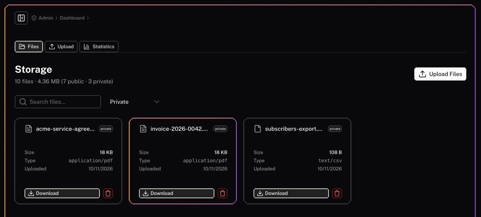 Filtered to the private bucket: a contract, an invoice and an export, downloadable only by signed-in users