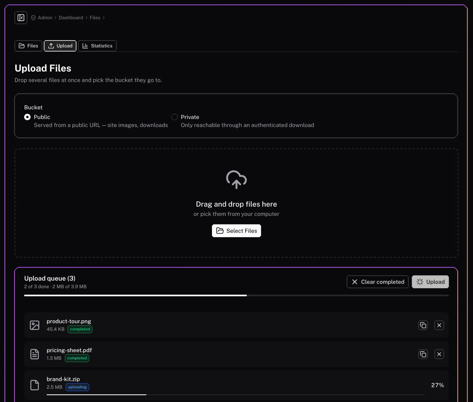 The uploader mid-upload: three dropped files, two done and one at 27%, with overall progress