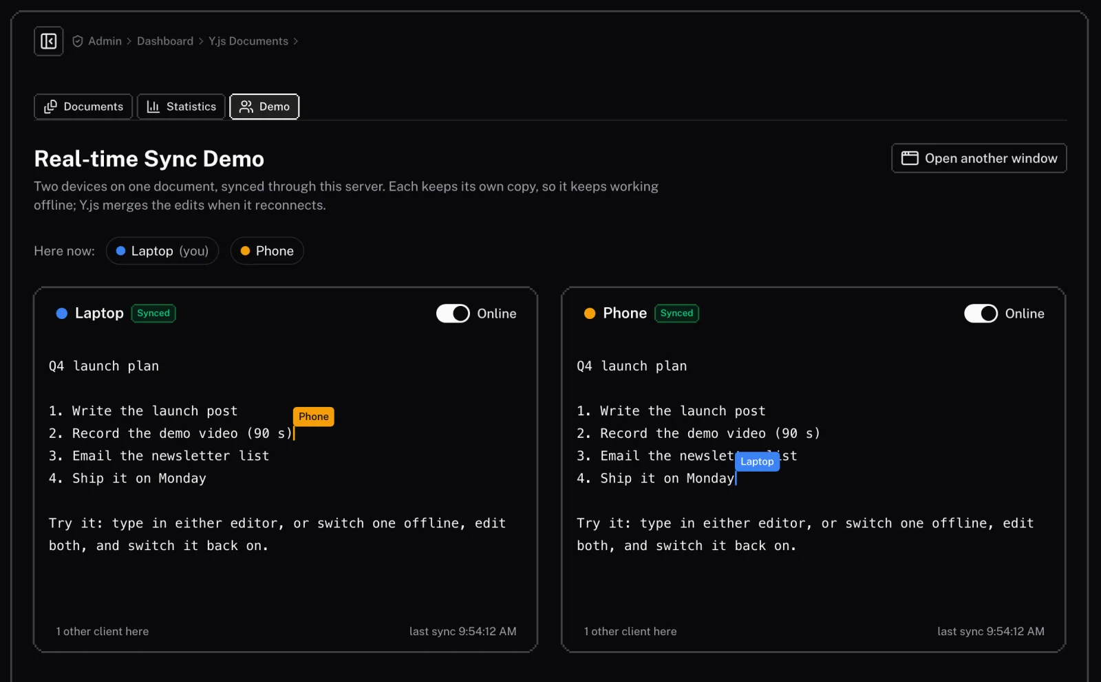 The demo: two devices editing one document, each showing the other’s cursor