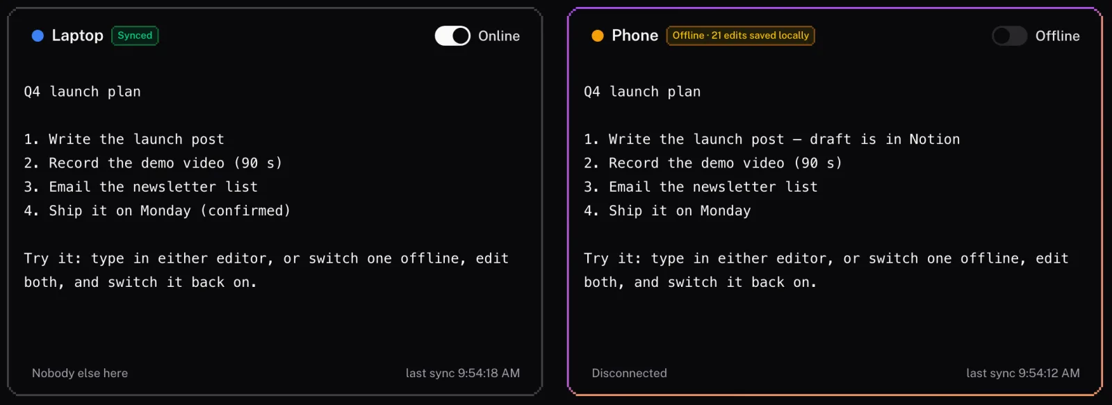 The phone is offline: its edits wait locally while the laptop keeps going; reconnecting merges both