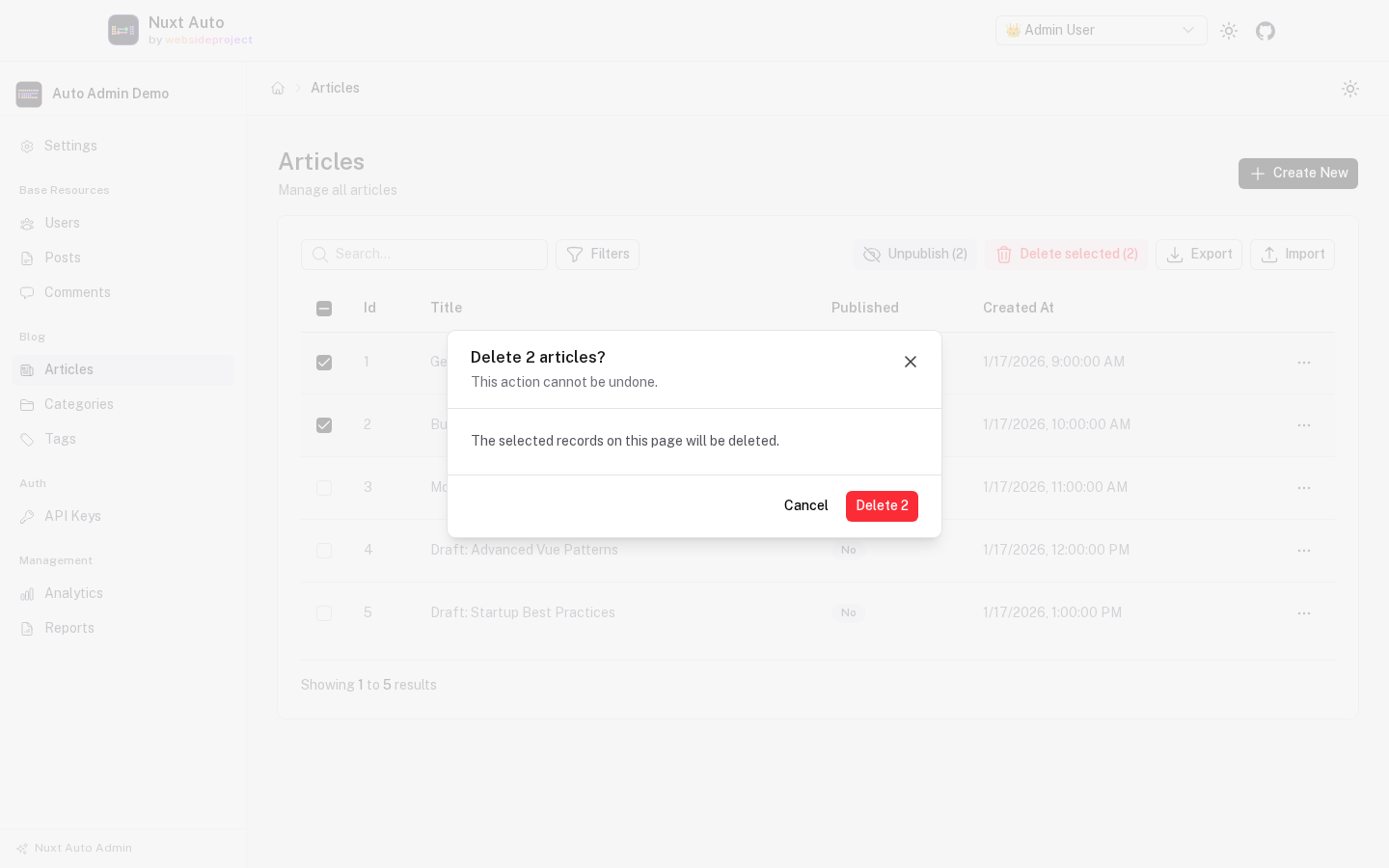 Two articles selected and the bulk delete confirmation open: Delete 2 articles? This action cannot be undone