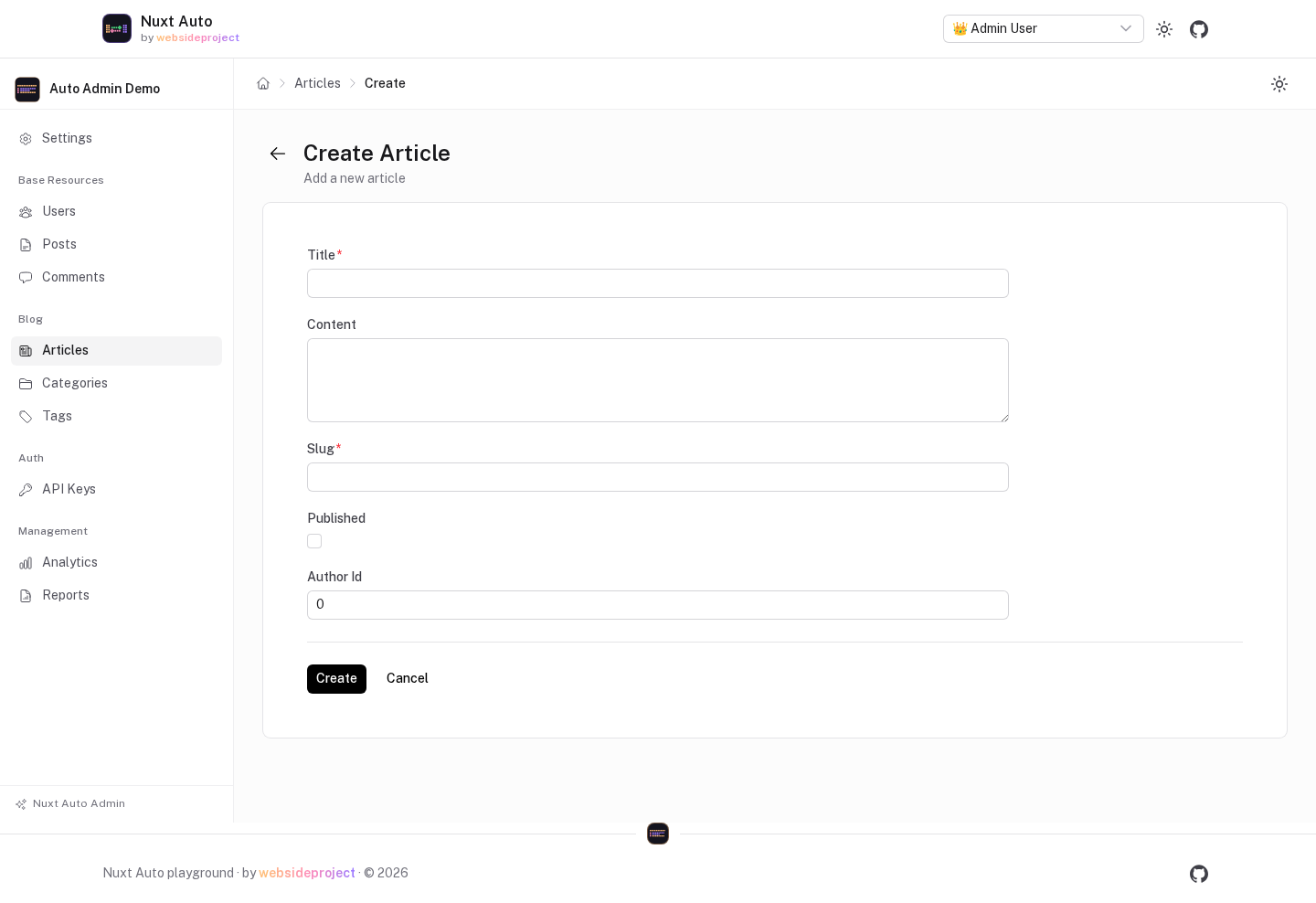 The create form for articles: Title and Slug marked required, a Content textarea, a Published checkbox and an Author Id number input, with Create and Cancel buttons