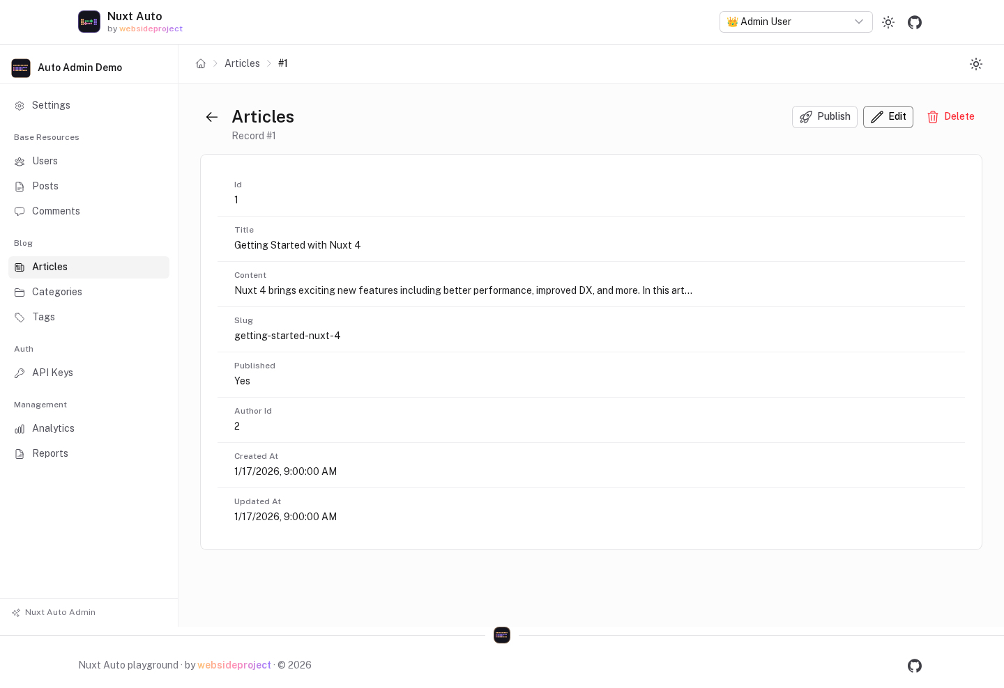 The detail page of article #1: every field as a label and value, with Edit and Delete buttons next to the title