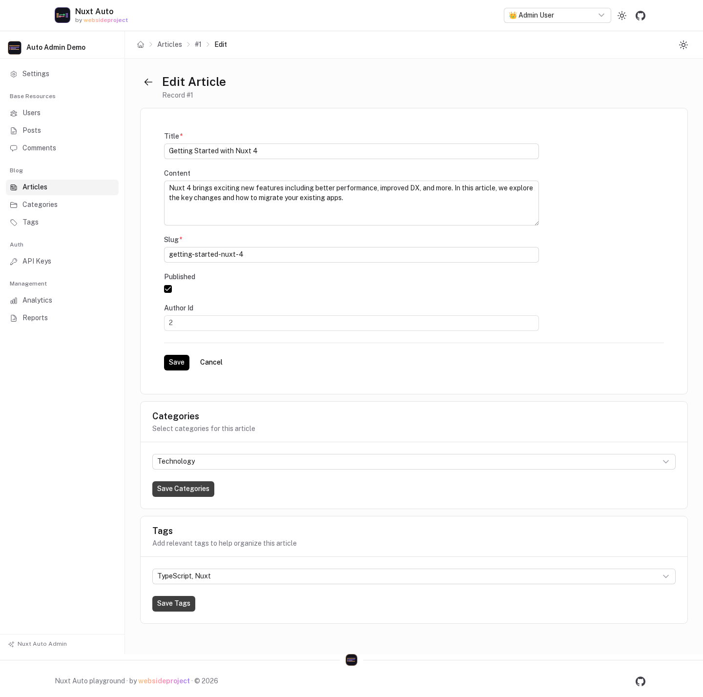 The edit form of article #1: inputs for title, content, slug, a Published checkbox and the author id, followed by two many-to-many cards, Categories and Tags, each with a multi-select and its own save button