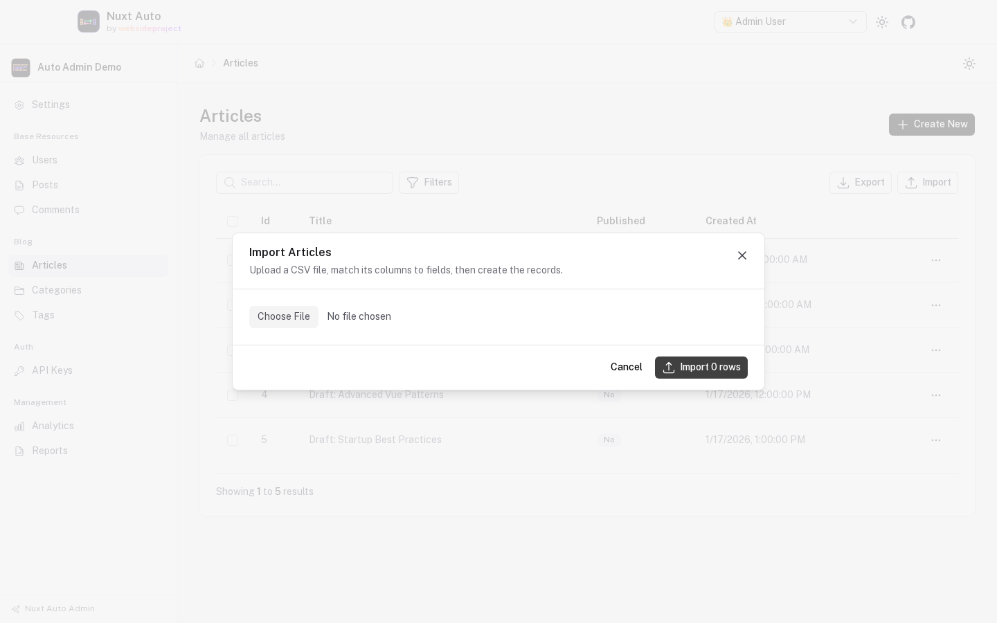 The import dialog: Import Articles, upload a CSV file, match its columns to fields, then create the records