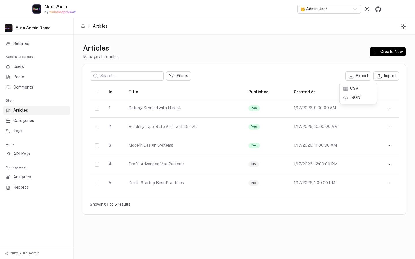 The Export menu on the articles list, offering CSV and JSON