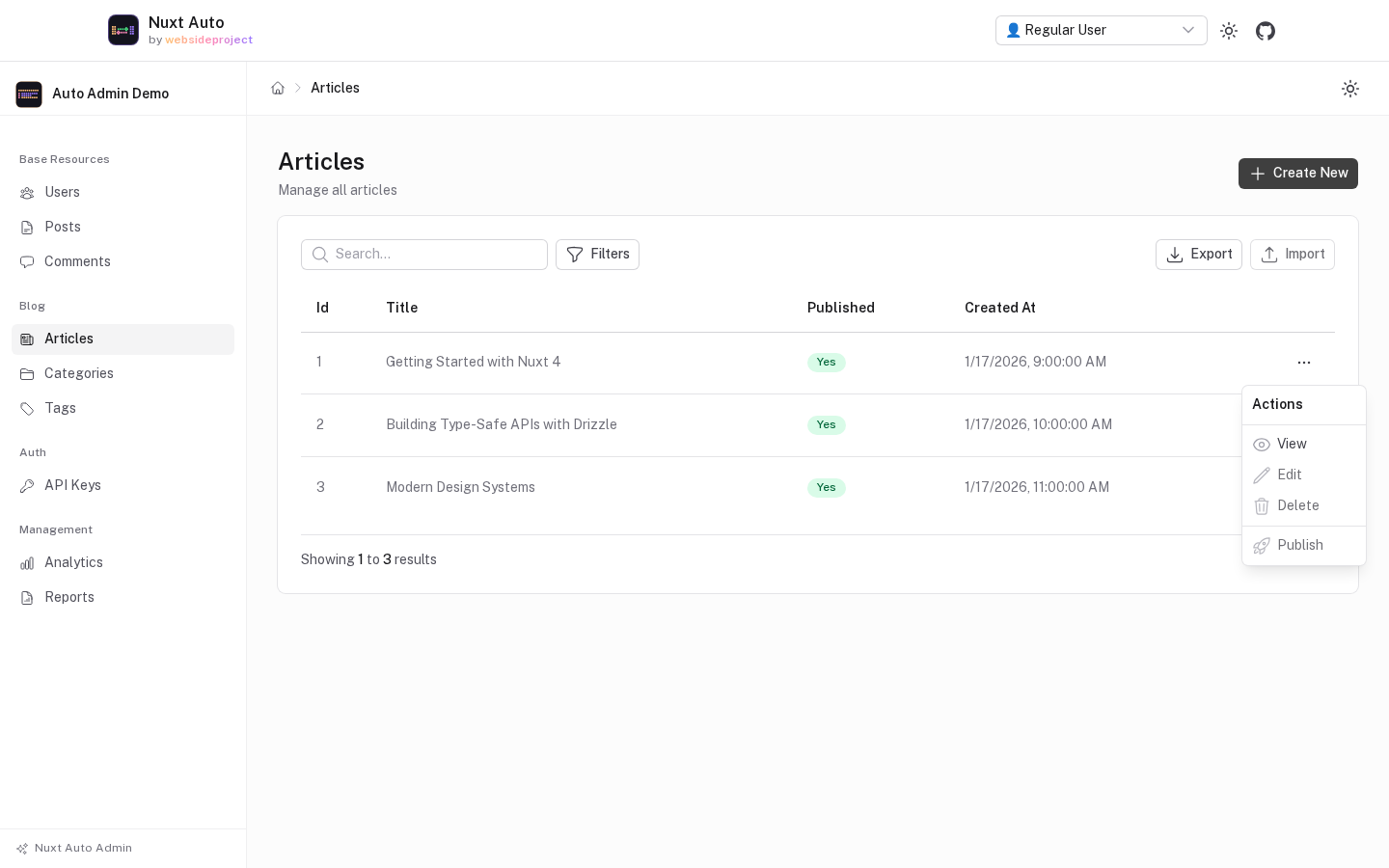 The articles list as a regular user: drafts are not listed, Create New and Delete selected are disabled, rows have no checkboxes, and the row menu offers View while Edit and Delete are disabled