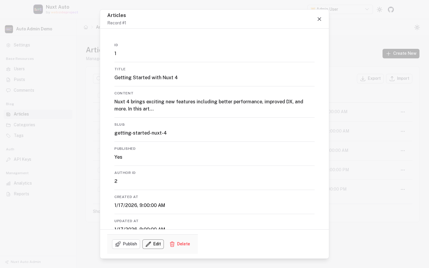 The view dialog for article #1 over the list: every field as a label and value, with Edit and Delete at the bottom