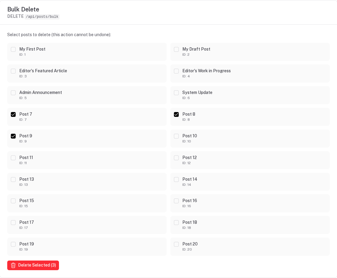The playground's bulk delete demo: twenty posts with checkboxes, three of them selected, and a Delete Selected (3) button that sends one DELETE /api/posts/bulk