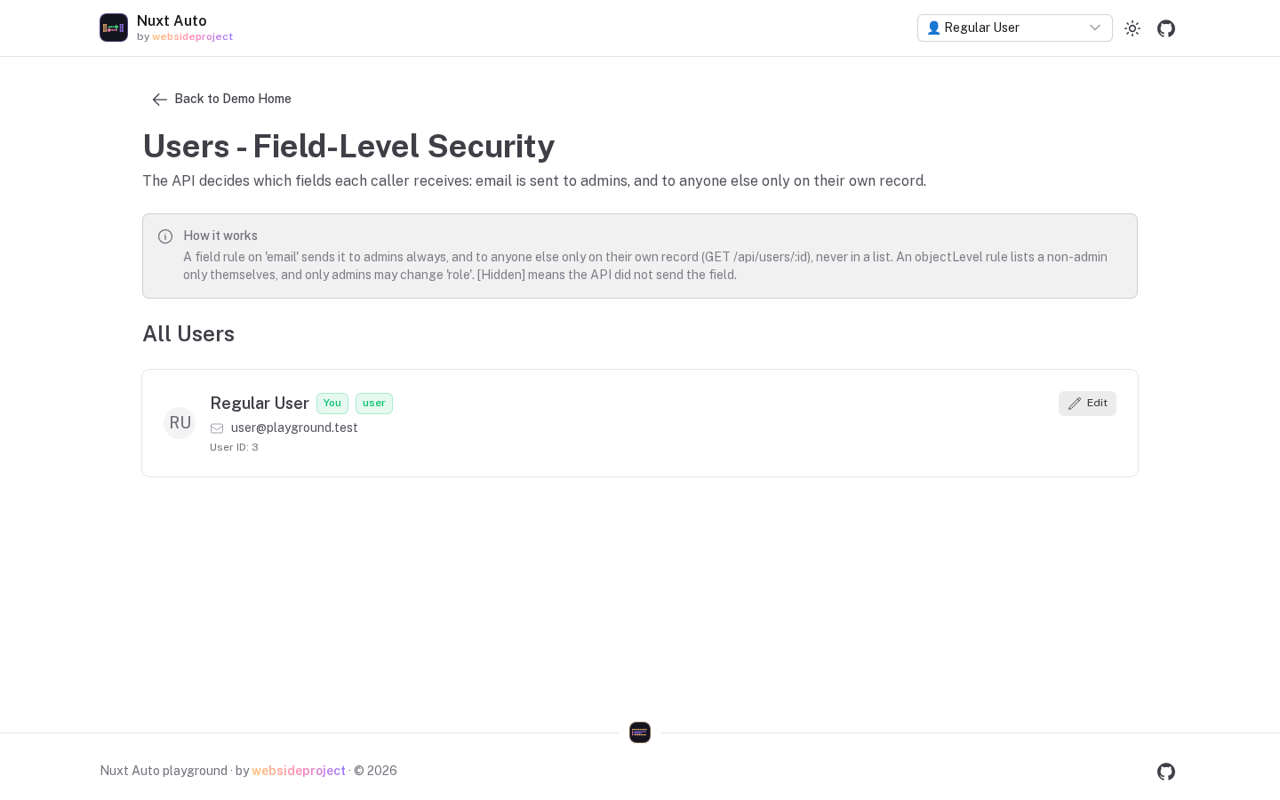 The playground's users demo signed in as a regular user: the list holds only that user, and their email is shown because it was fetched from their own record, which the field rule allows