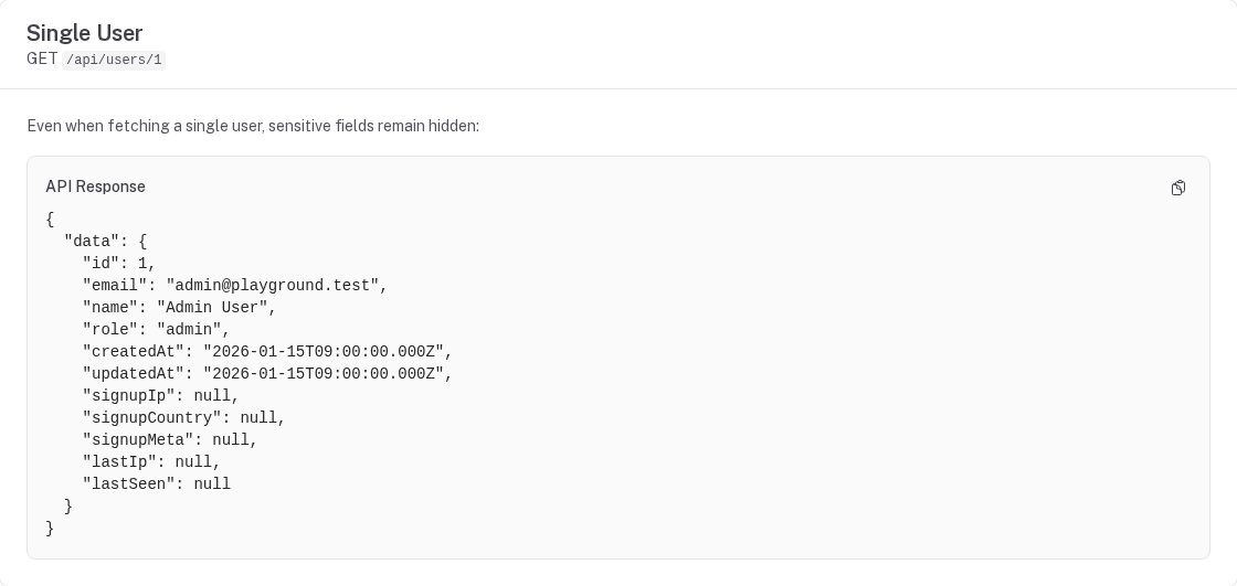 GET /api/users/1 in the playground: the response has id, email, name, role and timestamps, and no password or apiKey, although both are columns of the table