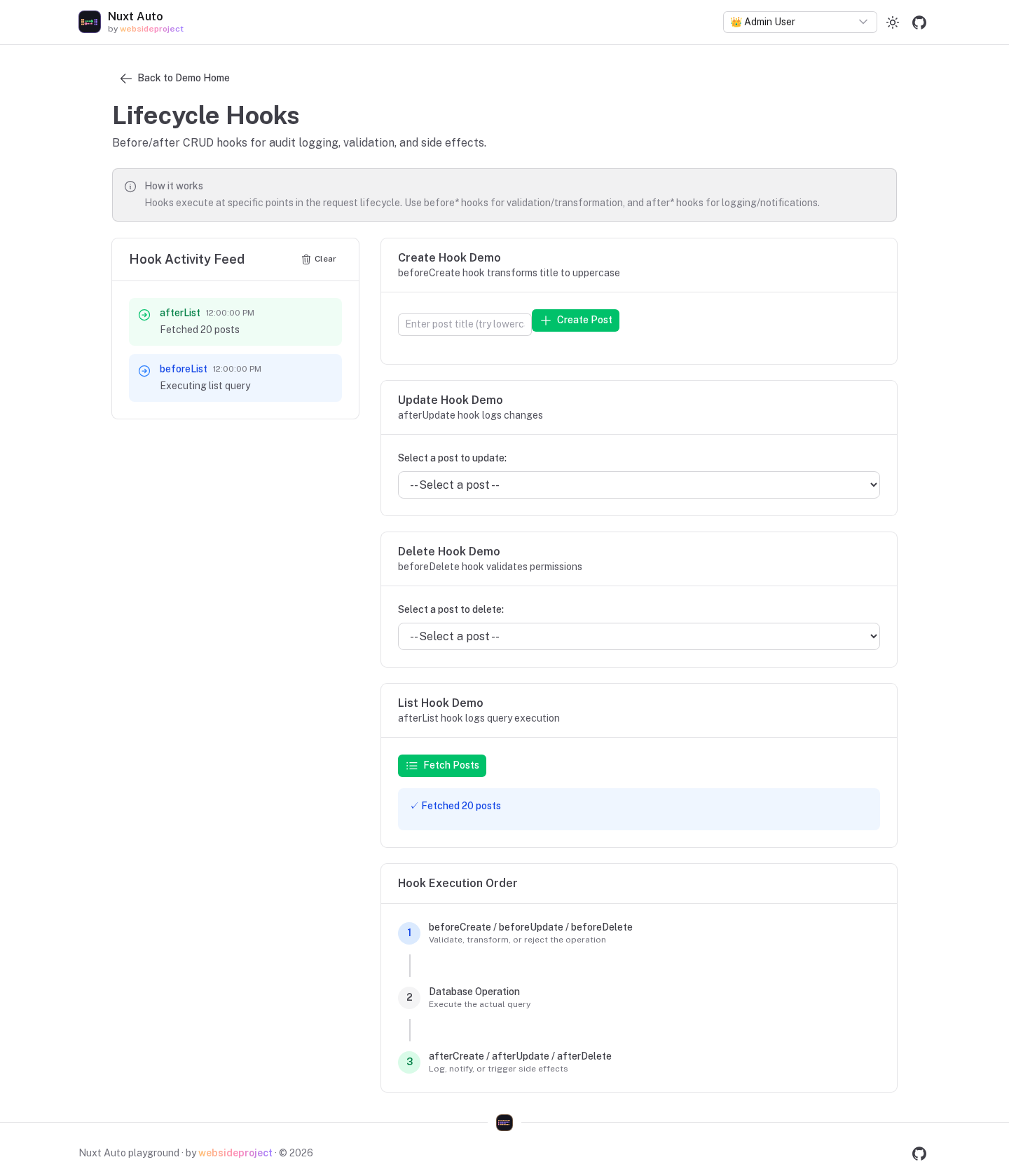 The playground's hooks demo after Fetch Posts: the activity feed shows beforeList (Executing list query) then afterList (Fetched 20 posts)