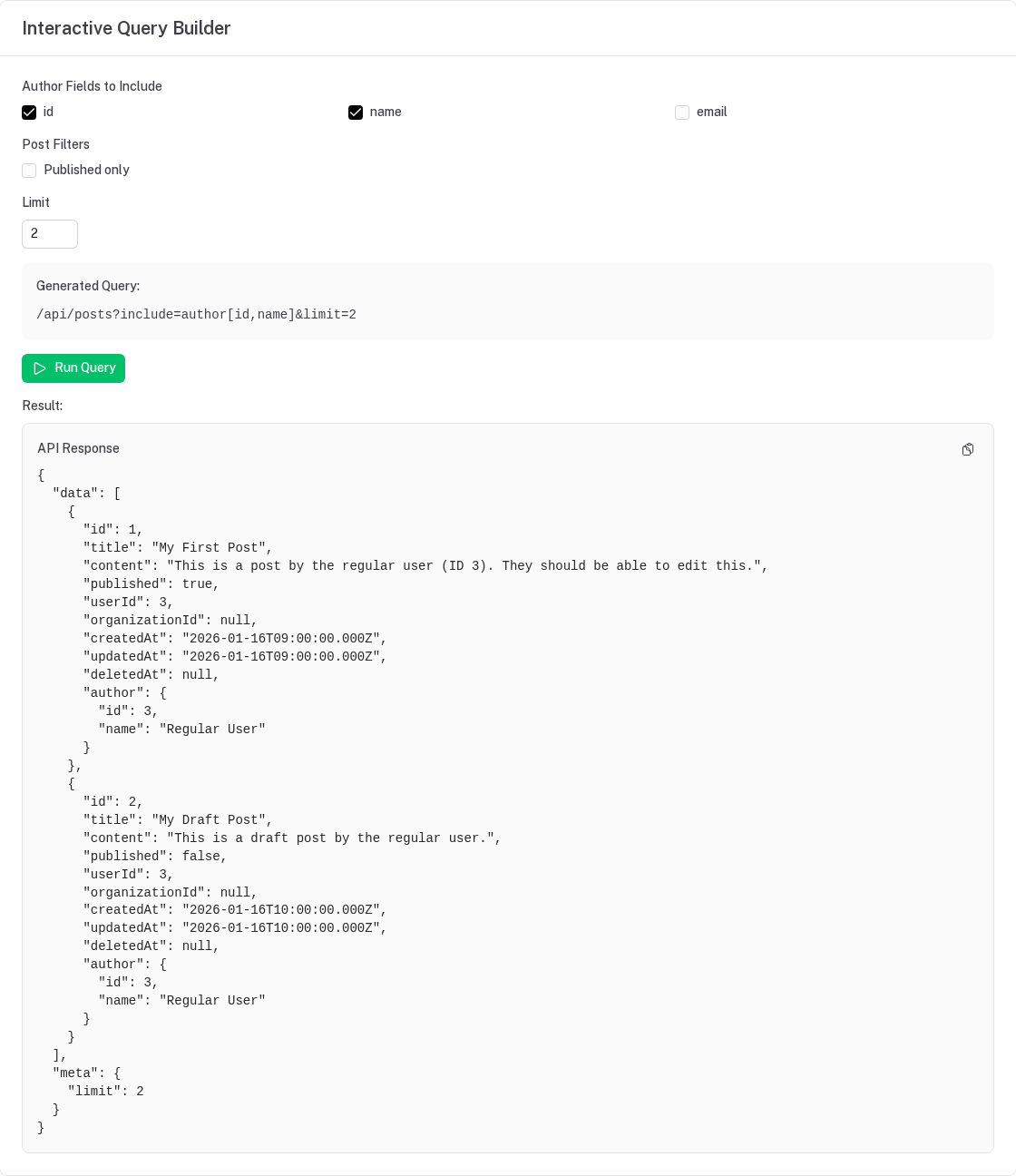 The playground's include builder: author fields id and name selected, limit 2, the generated query /api/posts?include=authorid,name&limit=2, and the response with each post's author reduced to id and name