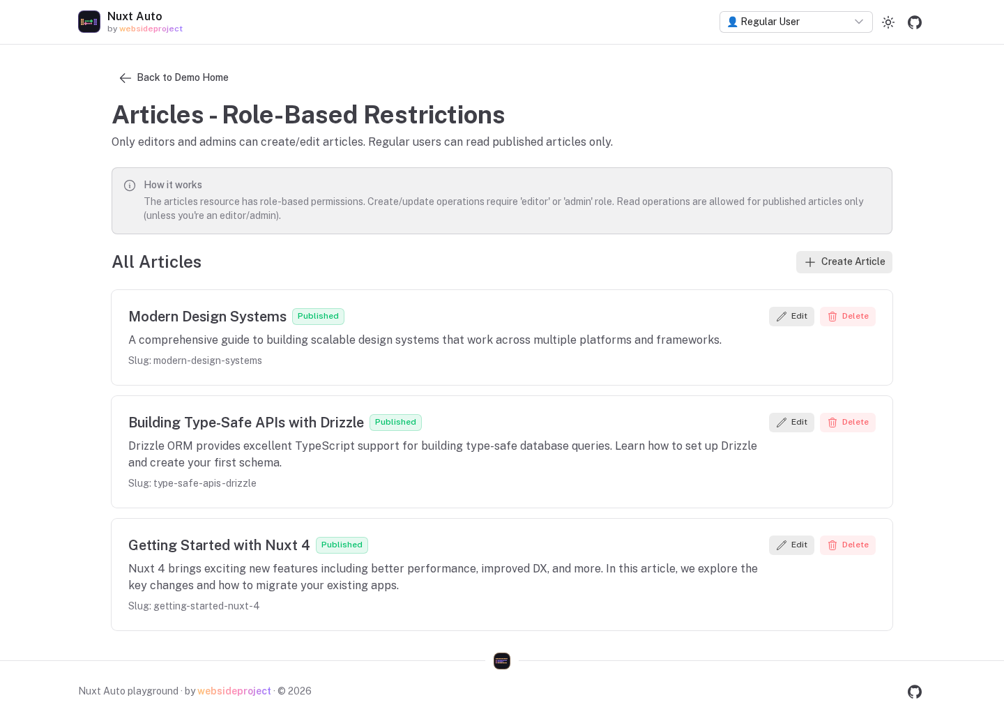 The playground's articles demo signed in as a regular user: only published articles are listed, and Create Article, Edit and Delete are disabled because the role may only read
