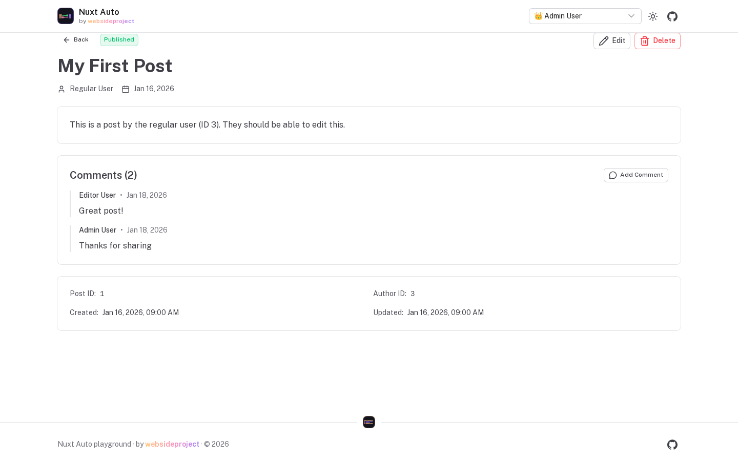 The playground's post page built on useAutoApiGet with include: the post, its author and date, and its two comments with their authors