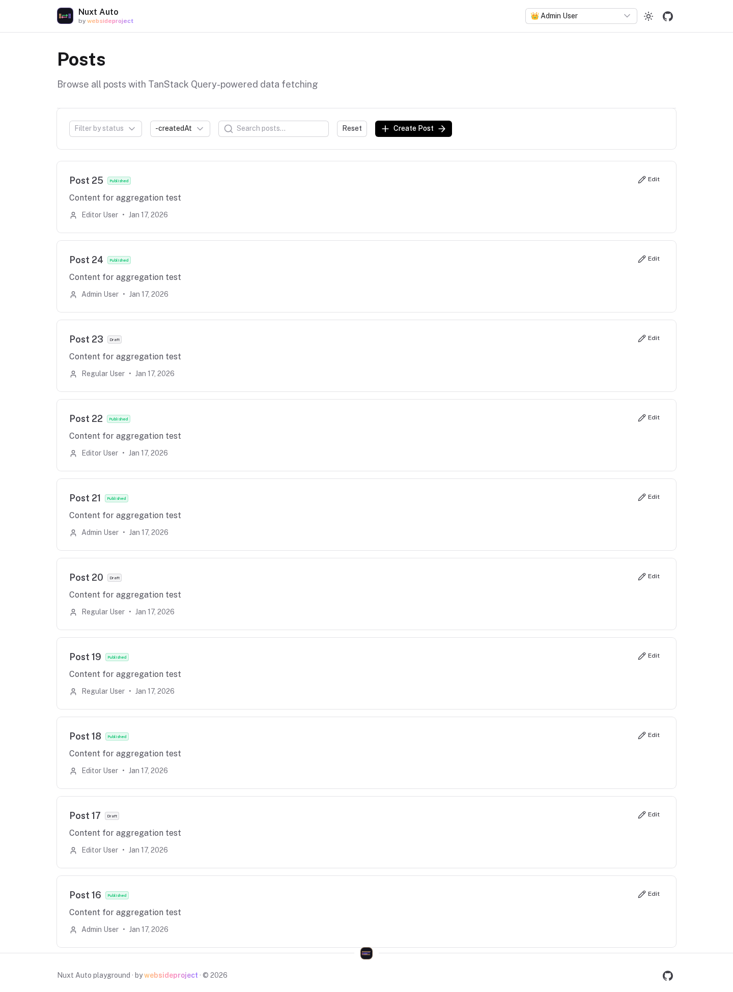 The playground's posts page built on useAutoApiList: filter, sort and search controls above a list of posts, each with its status badge, author and date