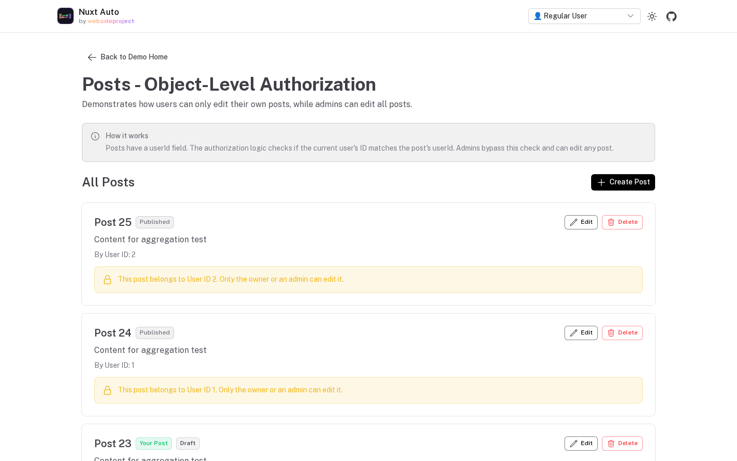 The playground's object-level demo signed in as a regular user: the user's own posts are marked Your Post, and each post by someone else says it belongs to that user and only the owner or an admin can edit it