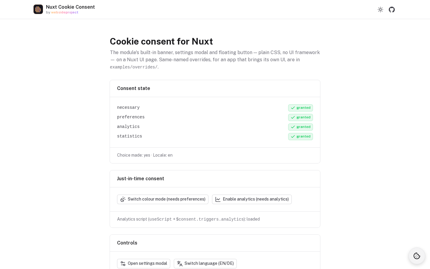 After Accept All: every category granted, the analytics script loaded, and the floating button in the corner to reopen the settings