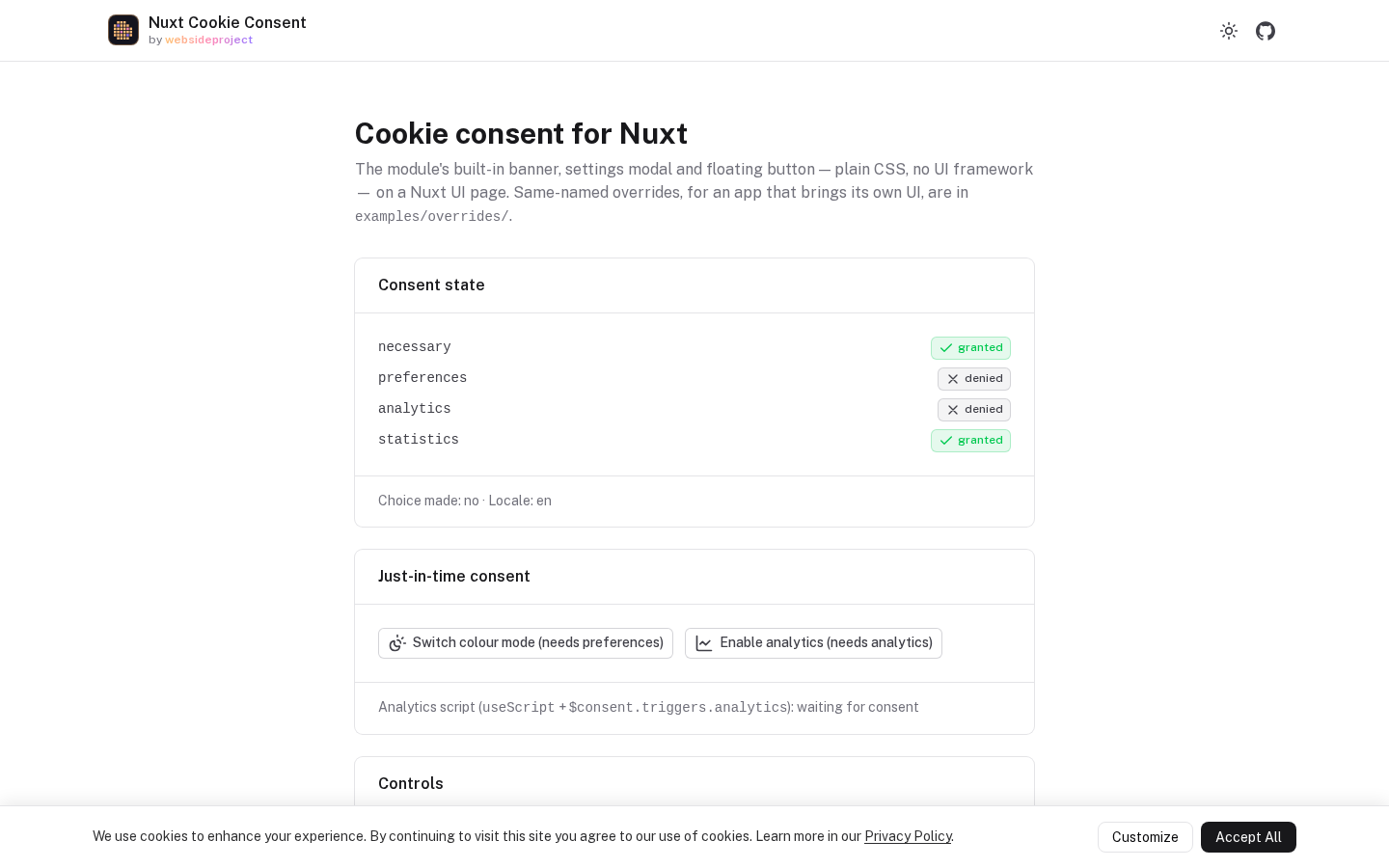 The built-in consent banner on a first visit, with Customize and Accept All