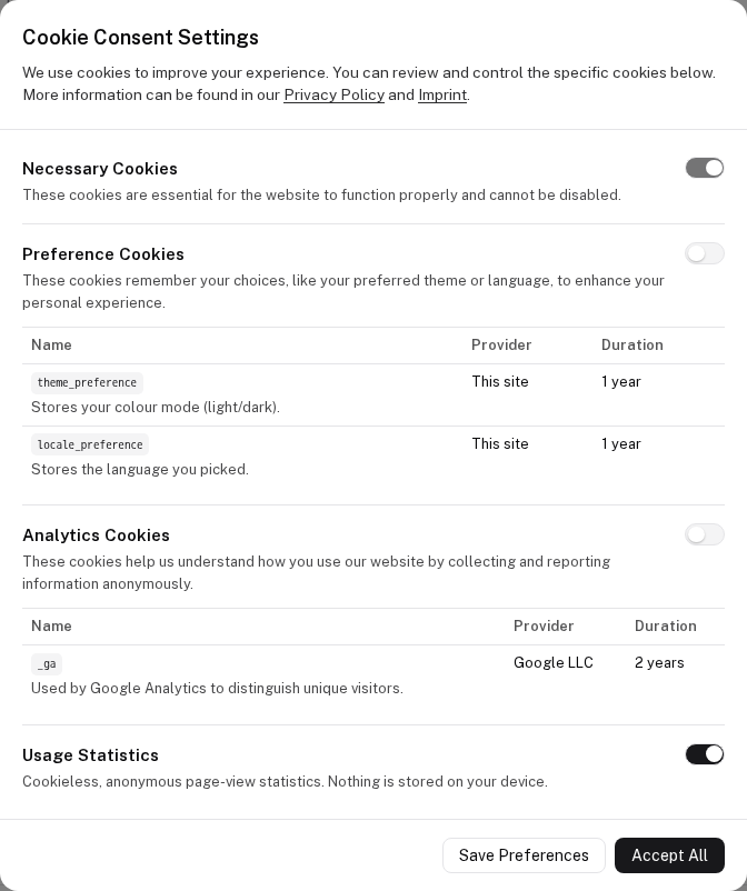 The settings modal: two cookie categories with their name, provider and duration table, and a cookieless Usage Statistics category as a toggle only