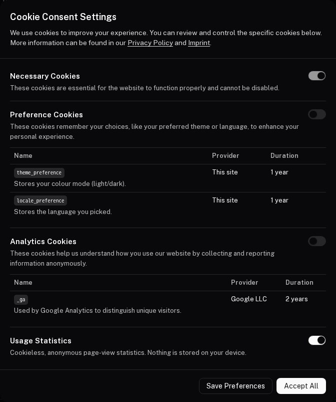 The settings modal in dark mode