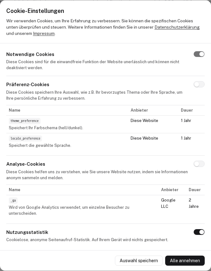 The settings modal after $consent.setLocale('de'): the built-in German texts, plus the playground's own for its cookies, providers, durations and the Nutzungsstatistik category