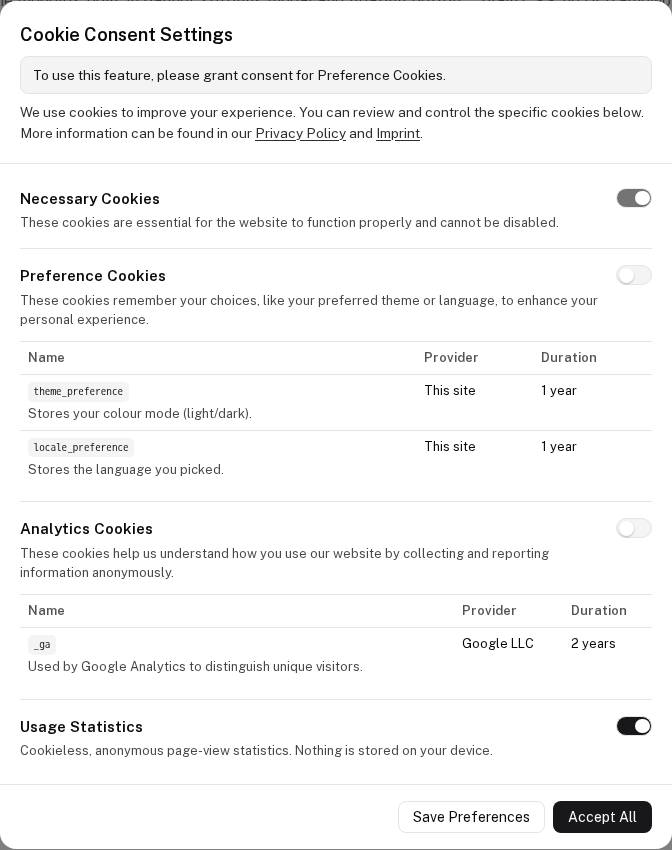 The settings modal opened by useRequestConsent('preferences'), with the reason on top: To use this feature, please grant consent for Preference Cookies