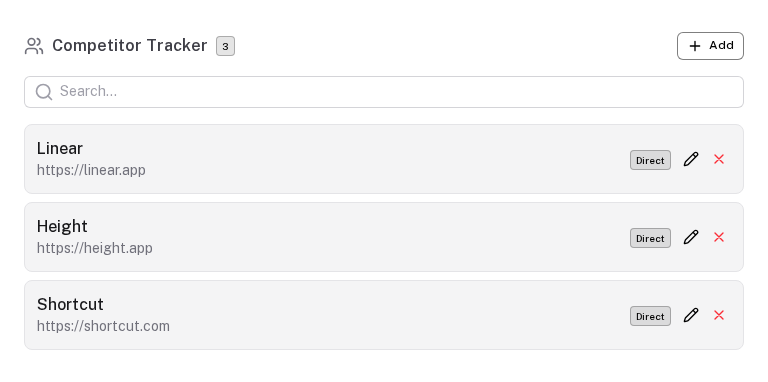 A collection with three items: search, category badge, edit and delete