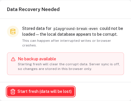 The recovery modal after the stored document was corrupted, with no server backup configured