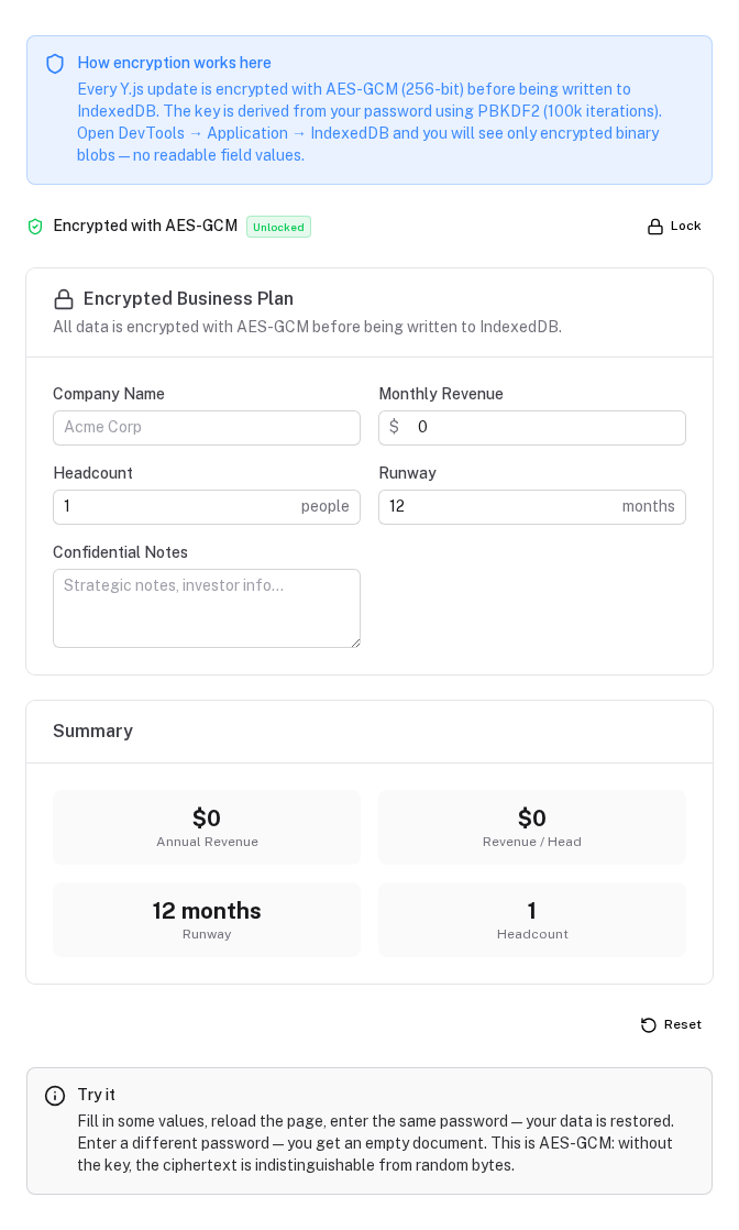 A prototype unlocked with its password: everything written to IndexedDB is AES-GCM encrypted