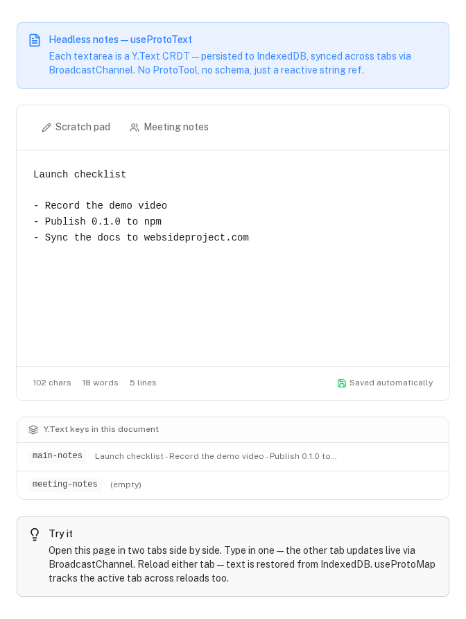 Notes on useProtoText: a Y.Text per tab, saved to IndexedDB