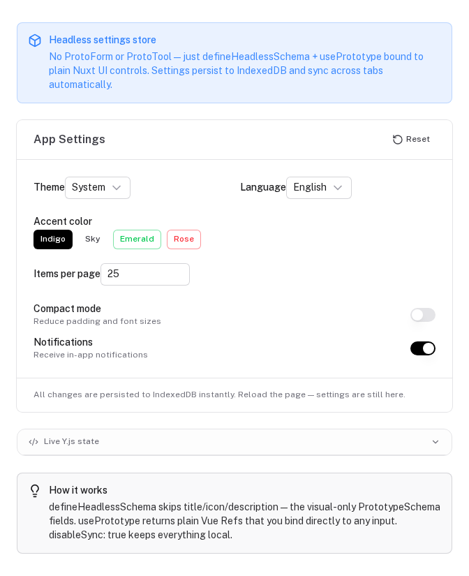 A settings store built on usePrototype with plain Nuxt UI controls